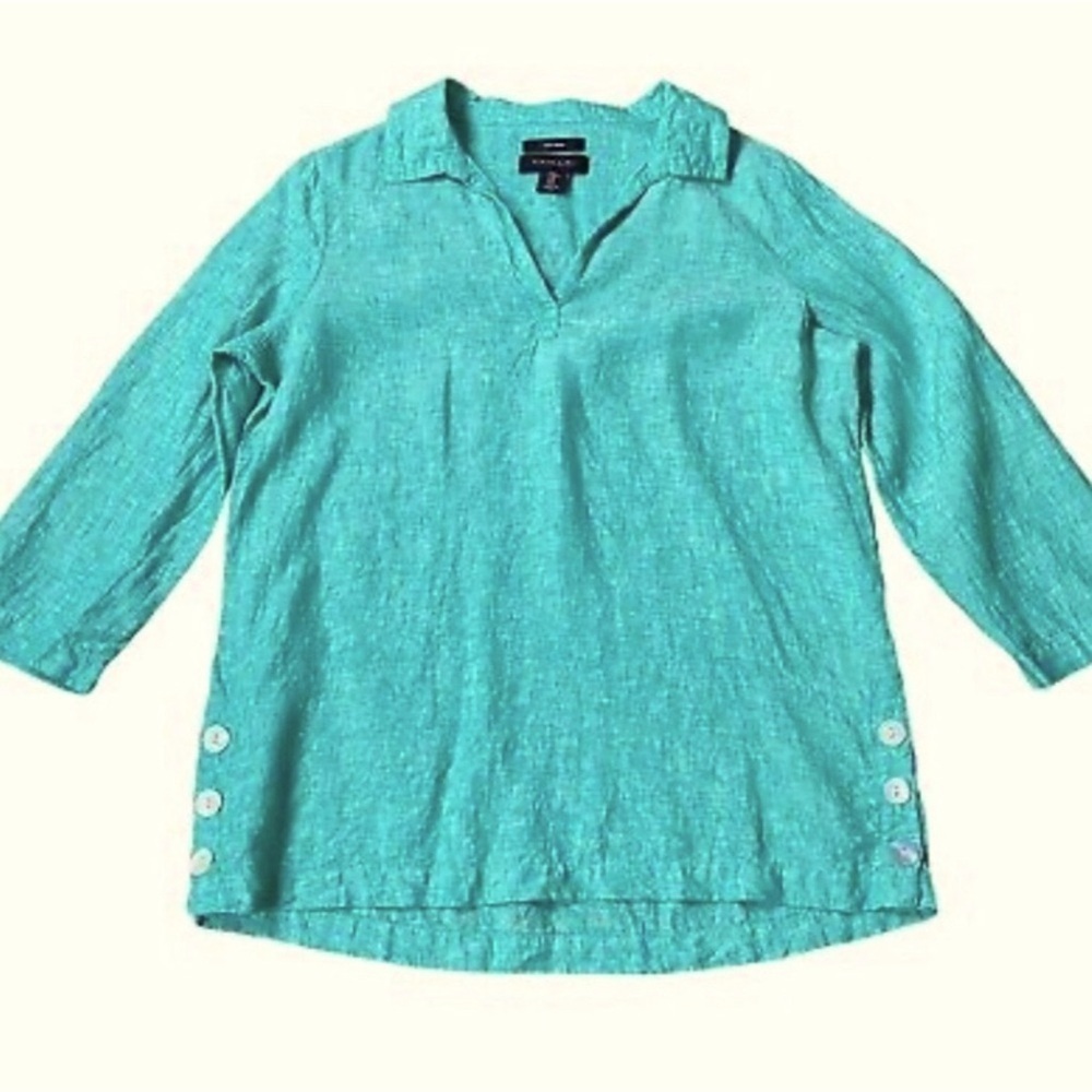 Tahari 100% Linen 3/4 Sleeve Top Mother of Pearl Side Button Detail